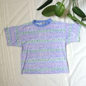 Tomorrow's Generation 80's funky geometric purple blue and green patterned shirt
